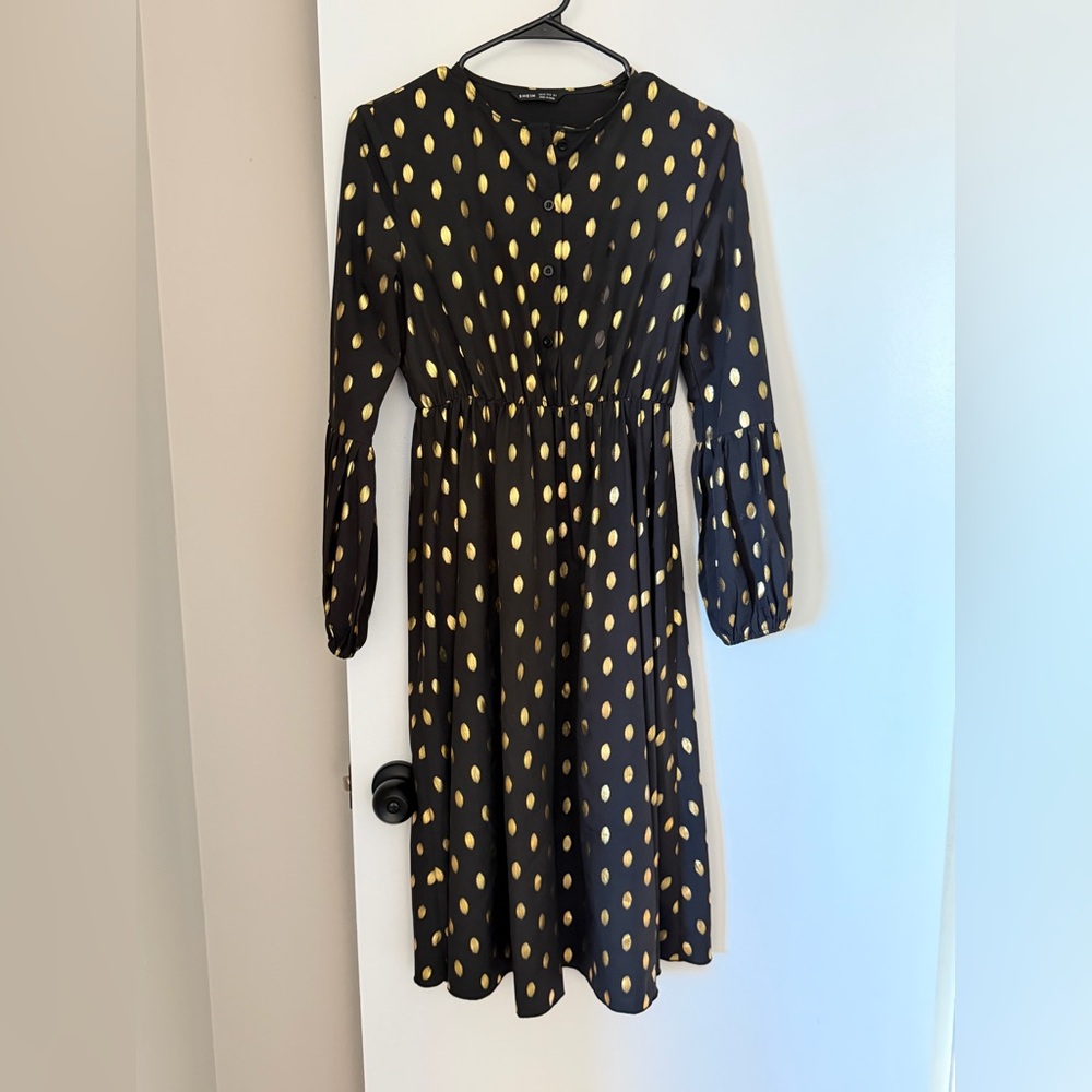 Black Midi Dress with Gold Dot Print